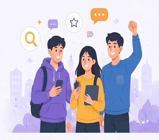 스마트폰으로 일자리를 찾는 젊은 구직자들 일러스트